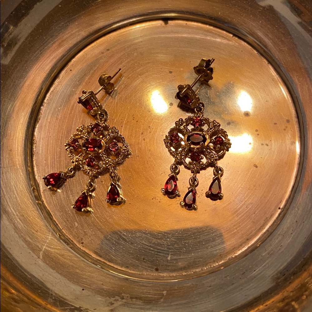 Gold Chandelier Drop Earrings with Pyrope Garnets: - Picture 4 of 5